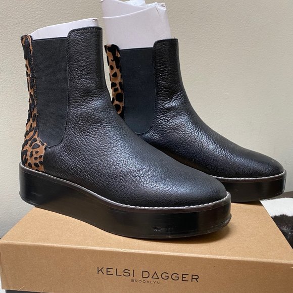 KELSI DAGGER BROOKLYN Forest Chelsea Boot In Black Leather/ Leopard Velvet SZ 8M - Picture 6 of 8